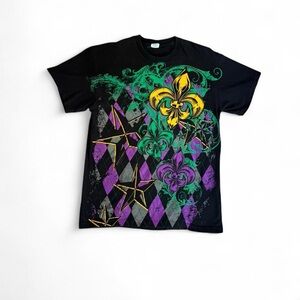 Vintage Mardi Gras Fleur De Lis Black Tee with Yellow and Purple Design